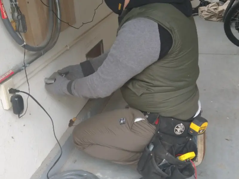 Electrician performing outlet wiring in a Lake Villa garage